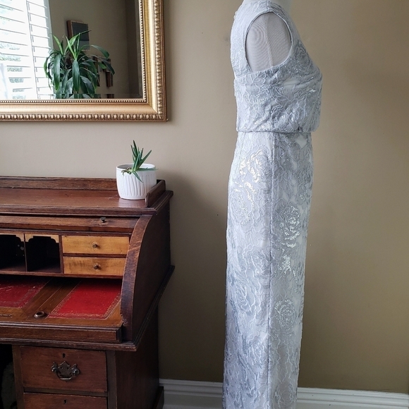 Adrianna Papell Silver White Lace Sequin Blouson Column Gown Brigerton Size 4 - Picture 5 of 13